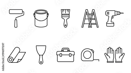 A clean, simple set of black and white line art icons depicting various home renovation and DIY tools, perfect for creative projects.
