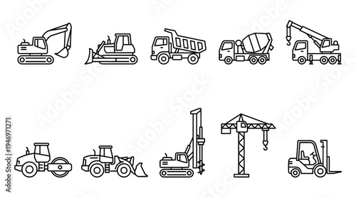 A set of black line art icons representing various construction vehicles and heavy machinery, ideal for industrial and development themes.