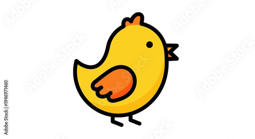 Cute cartoon baby chick, a small yellow bird with orange wings and beak, pecking for food in a simple, flat design style