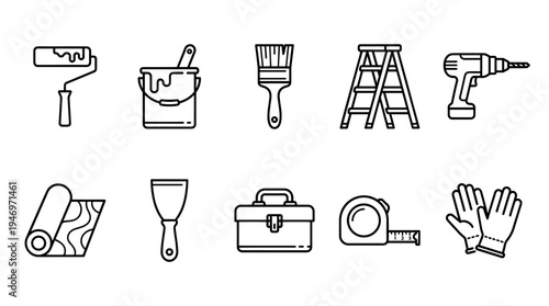 A collection of flat design icons representing various home renovation tools including a paint roller, bucket, brush, ladder, drill, wallpaper, putty knife, toolbox, tape measure, and gloves.