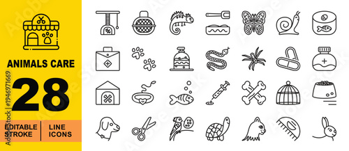 Pet Care, Exotic Animals, and Veterinary Supplies Line Icons. Editable stroke icons for pet shops and grooming services. Featuring iguanas, parrots, turtles, snakes, spiders, pet medication, bird cage