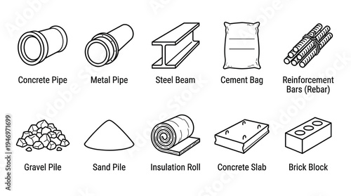 A clean line art illustration features ten common construction materials arranged in two rows, ideal for architectural or DIY projects.