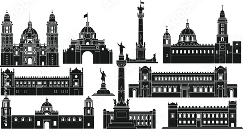 Large collection of black silhouette historical landmarks and architectural buildings featuring cathedrals monuments and heritage sites isolated on white background for travel and culture.