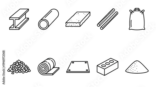 A clean, minimalist line art illustration featuring a collection of common construction materials arranged in two rows on a white background.
