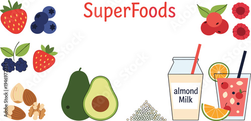 Superfoods Icon Set Featuring Berries, Avocado, Almonds, Almond Milk, and Refreshing Smoothies for Healthy Eating and Nutrition Designs