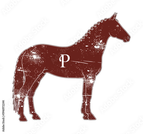 Red vector of a horse with a stylized constellation design and the letter p on its body