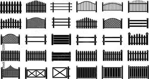 Mega collection of black fence silhouettes and gate icons featuring wooden picket, rustic farm, gothic wrought iron, and garden border designs for architectural vector landscaping.