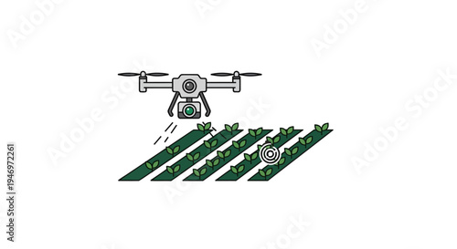 Drone flying over green crops.