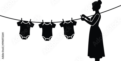 Mother hanging baby clothes on clothesline silhouette illustration isolated vector showing newborn bodysuits laundry and parenting daily life