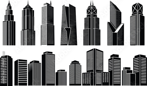 Modern skyscraper skyline silhouettes collection isolated vector set featuring urban city buildings and highrise towers for architecture design