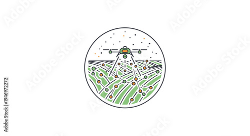 Drone flying over green field.