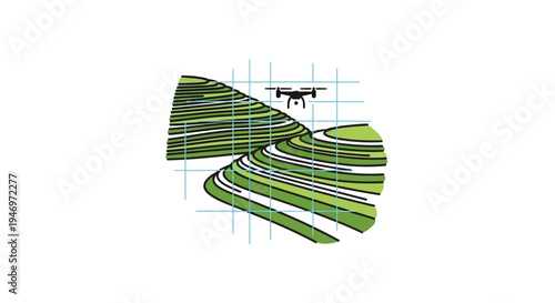 Drone flying over green farmland fields.