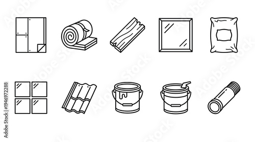 Set of simple black and white line art icons representing various construction and building materials for renovation and DIY projects.