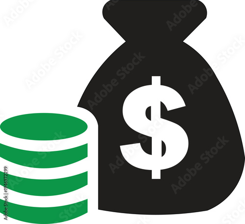 Money bag with dollar sign and coin stack icon representing savings finance investment wealth profit concept vector illustration