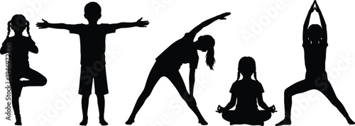 Kids yoga silhouette set, children exercising and meditating vector illustration, healthy lifestyle poses isolated on white background, fitness for kids, design.