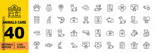 Pet Care, Veterinary Medicine, and Animal Welfare Line Icons. Editable stroke icons for global pet services. Featuring pet X-rays, global animal tracking, microscopes, lab tubes, pet adoption