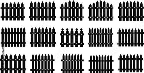 Mega collection of black picket fence silhouettes and ornate gothic gate icons featuring various wooden, metal, and wrought iron designs for architectural landscaping and boundaries.
