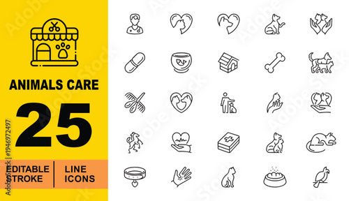 Veterinary & Holistic Pet Care Icons. Editable stroke vector icons for animal wellness. Featuring veterinary doctors, fish bowls, medicine capsules, grooming combs, and heart shaped pet symbols