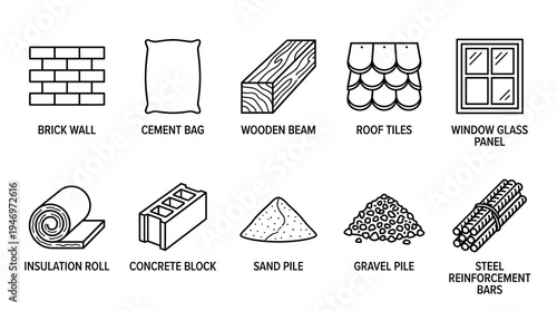 A clean, minimalist vector illustration featuring a collection of iconic construction materials arranged in a grid, perfect for architectural or DIY projects.