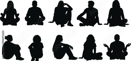 Sitting people silhouette set, men and women meditating yoga vector illustration, relaxed persons sitting on floor isolated on white background, design.