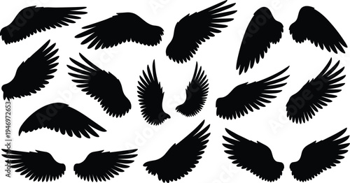 Set of flying bird wings silhouettes collection isolated vector design elements for tattoo logo fantasy angel wings illustration pack