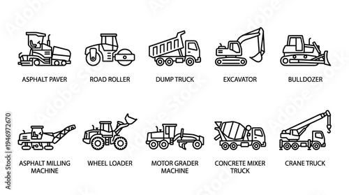 A clean, minimalist icon set featuring ten different construction vehicles in black outline on a white background, ideal for websites or apps.