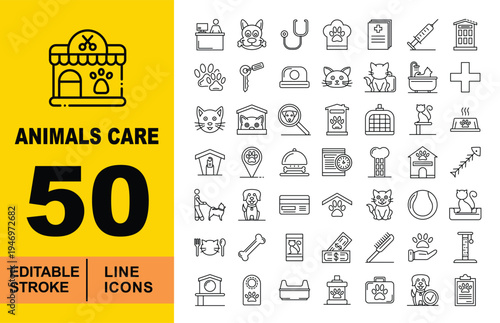 Pet Care, Veterinary Clinic, and Pet Hotel Line Icons. Editable stroke icon for animal services and business management. Featuring veterinary receptionists, payment methods, medical syringes, grooming