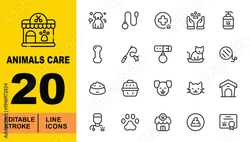 Pet Care, Veterinary Clinic, and Animal Welfare Line Icons. Editable stroke icons for pet shops and grooming. Featuring cat toys, yarn balls, pet carriers, food bowls, dog houses, vet certificates