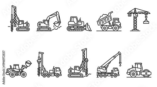 A clean, minimalist illustration set featuring various construction machines in a line art style on a white background.