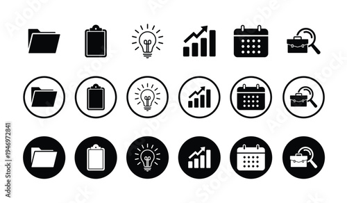 Essential business icon set featuring folder, clipboard, lightbulb idea, growth chart, calendar, and job search symbols. Professional black and white vector graphics in three versatile styles.