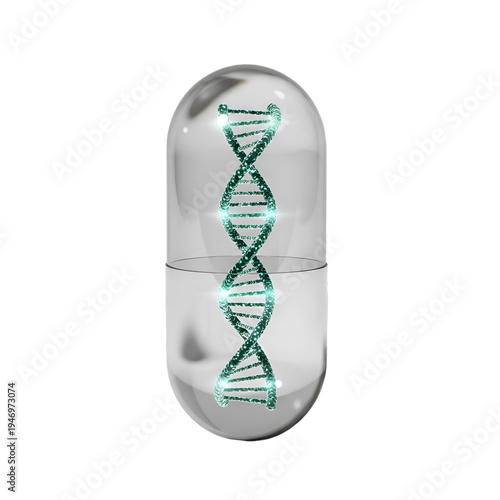 Glowing Green DNA Double Helix Inside Transparent Medical Capsule with Shiny Surface and Reflective Light