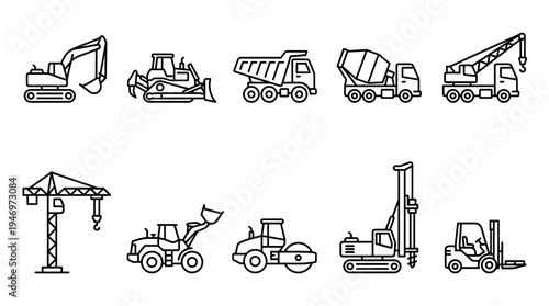 A collection of simple black line art icons depicting various construction vehicles including an excavator, bulldozer, dump truck, cement mixer, cranes, and forklift.