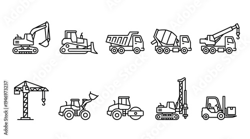 A collection of simplified outline icons depicts various heavy machinery and vehicles used in construction and heavy industry for an organized visual.
