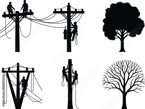 Black silhouette set of electrical linemen working on utility poles and transmission towers with trees isolated on white background for industry