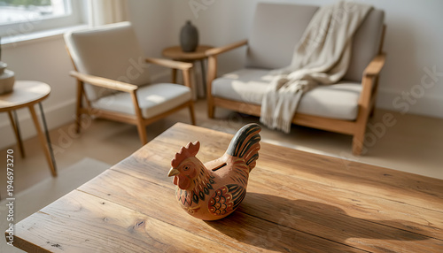 Classic clay rooster piggy bank on a wooden table. A perfect symbol for financial literacy, traditional savings habits, and home economy for families.
