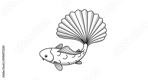 Black and White Goldfish Illustration with Tail.