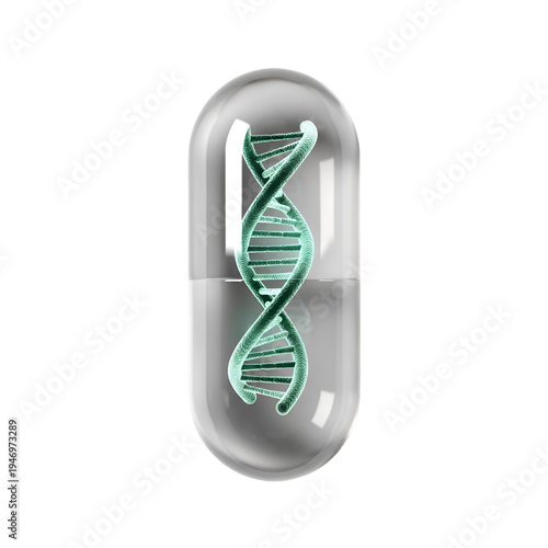 3D illustration of green DNA double helix inside transparent medical capsule with reflective surfaceGlowing Blue DNA Double Helix Structure Inside a Transparent Capsule with Purple Accents and Light 