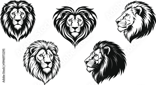 Black and white of lion heads in different views and a heart shaped lion head animal