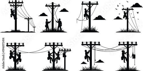 Black silhouette set of electrical linemen working on utility poles with clouds and birds for industrial power line repair concept