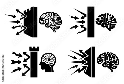 AI firewall concept icons showing brain silhouettes protected by security barriers for data safety branding