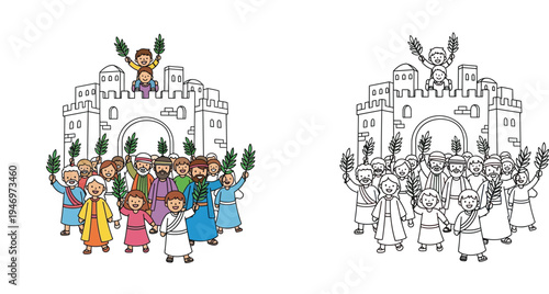 Palm Sunday Crowd Celebrating with Palm Branches Outside Ancient City Walls