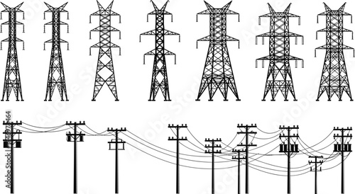 Set of black silhouettes of electric transmission towers, utility poles with transformers, and overhead power lines isolated on white background