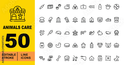 Pet Care, Veterinary Medicine, and Animal Supplies Line Icons. Editable stroke icons for pet shops and clinics. Featuring bird cages, fish bowls, hamsters, reptiles, vaccination syringes, and pet toys