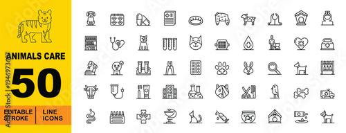 Pet Care, Veterinary Clinic, and Animal Hospital Line Icons. Editable stroke icons for veterinary medicine and pet grooming. Featuring microscopes, stethoscopes, test tubes, medical files, ambulances