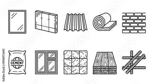 A set of hand-drawn outline icons representing various construction and building materials, including windows, insulation, bricks, cement, and wood.