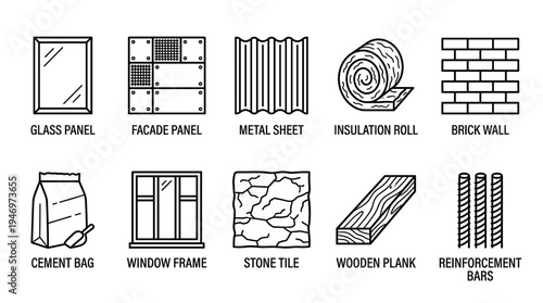 Collection of simple outline icons representing various building materials and construction elements, ideal for architectural and design projects.
