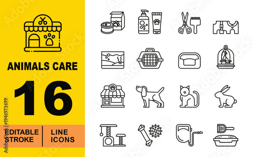 Professional Pet Grooming & Care Icons. Editable stroke vector icons for pet services. Featuring pet food cans, grooming scissors, shampoo bottles, cat scratching posts, pet carriers, and litter boxes