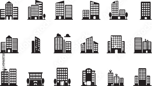 A collection of 15 black and white city skyline icons featuring various modern buildings and skyscrapers in different architectural styles and shapes
