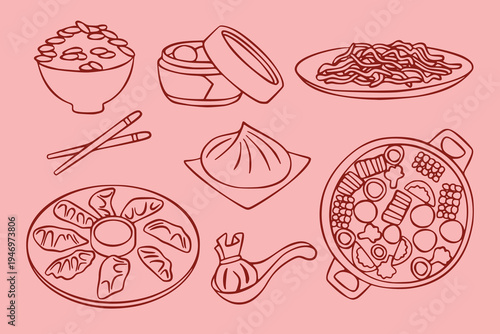 Traditional Chinese Cuisine Food Illustration Set Featuring Dim Sum Dumplings Hotpot Noodles and Fried Rice Line Art Vector on Pink Background.