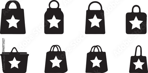 Collection of black tote bags with white star designs in various orientations